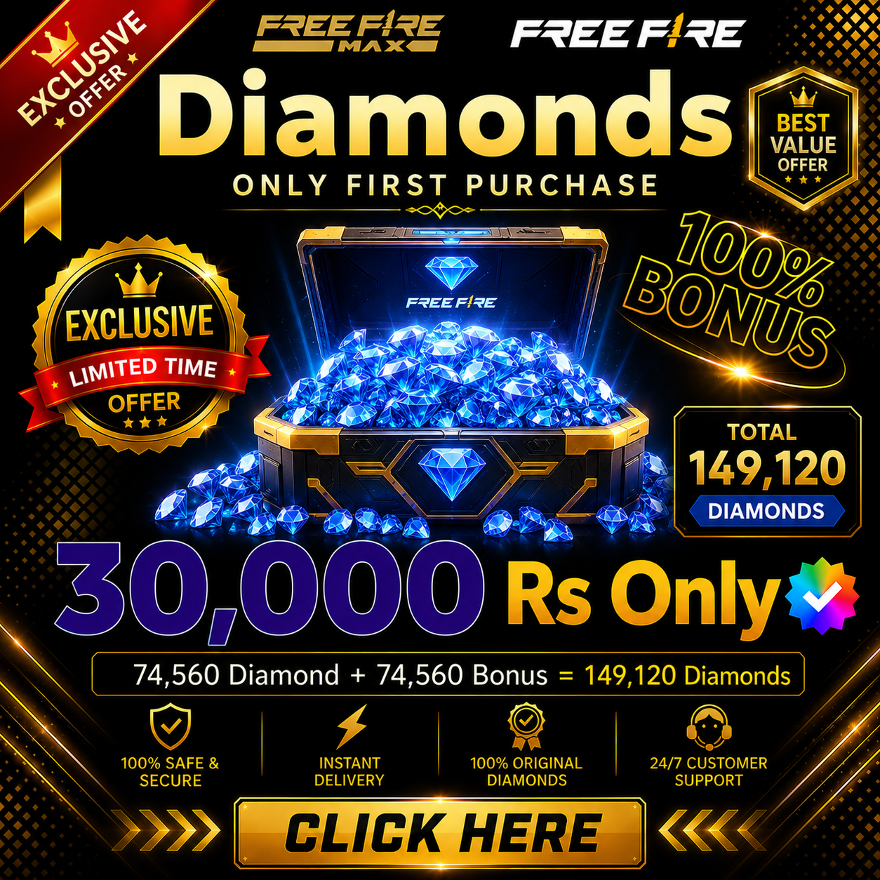 Top Up Diamond 74,560 Diamond + 74,560 Bonus = 149,120 Diamonds💎