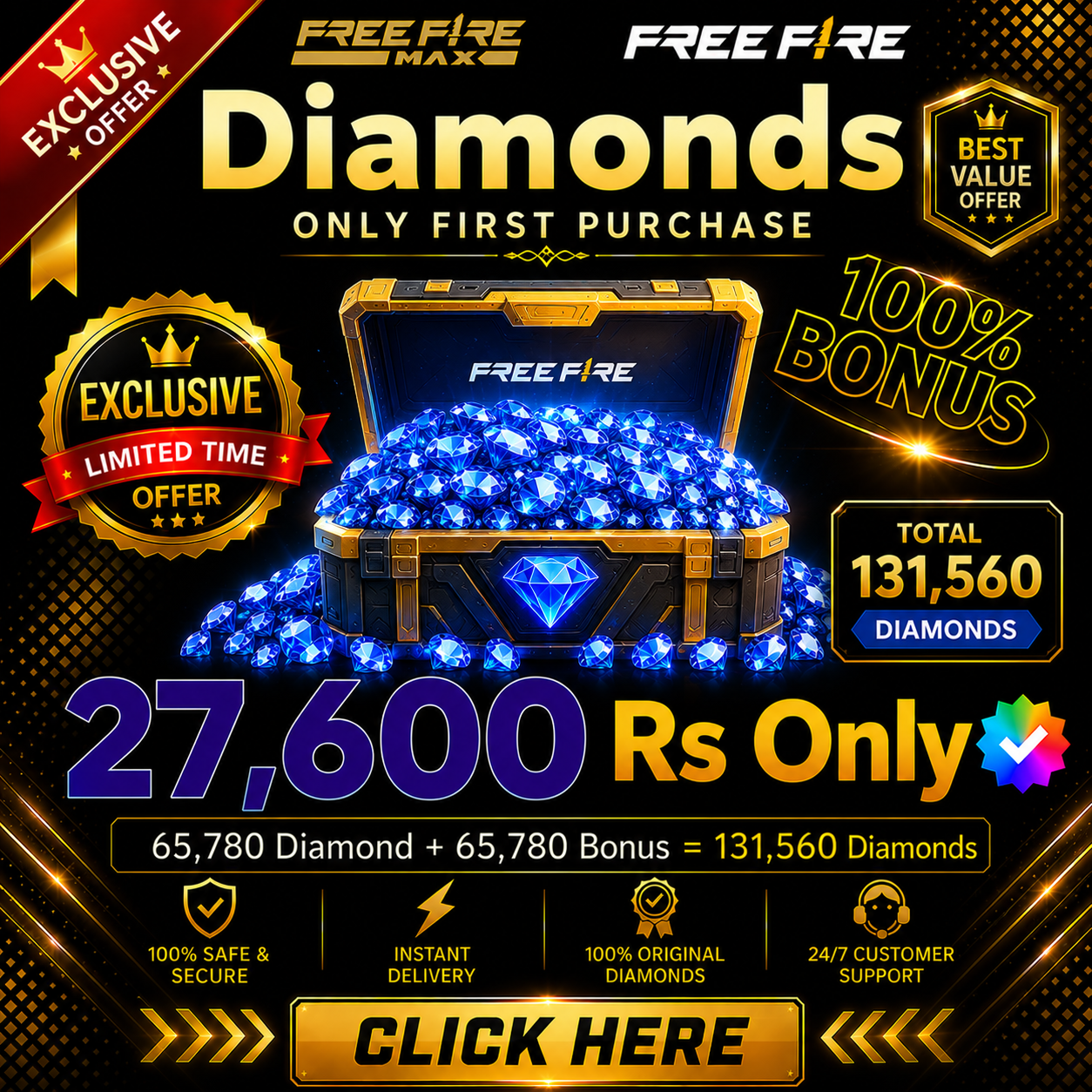 Top Up Diamond 65,780 Diamond + 65,780 Bonus = 131,560 Diamonds💎
