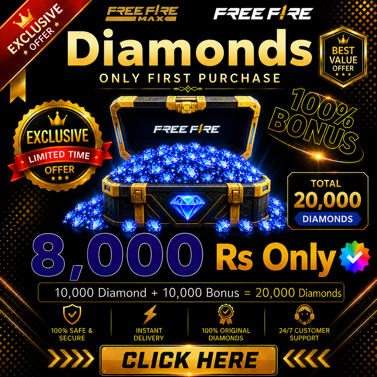 Top Up 10,000 Diamonds + 10,000 Bonus = 20,000 💎