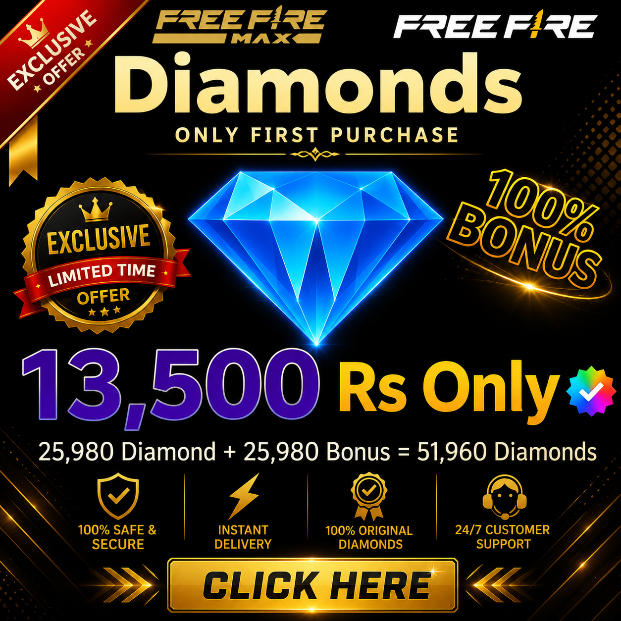 Top Up 25,980 Diamond + 25,980 Bonus = 51,960 💎